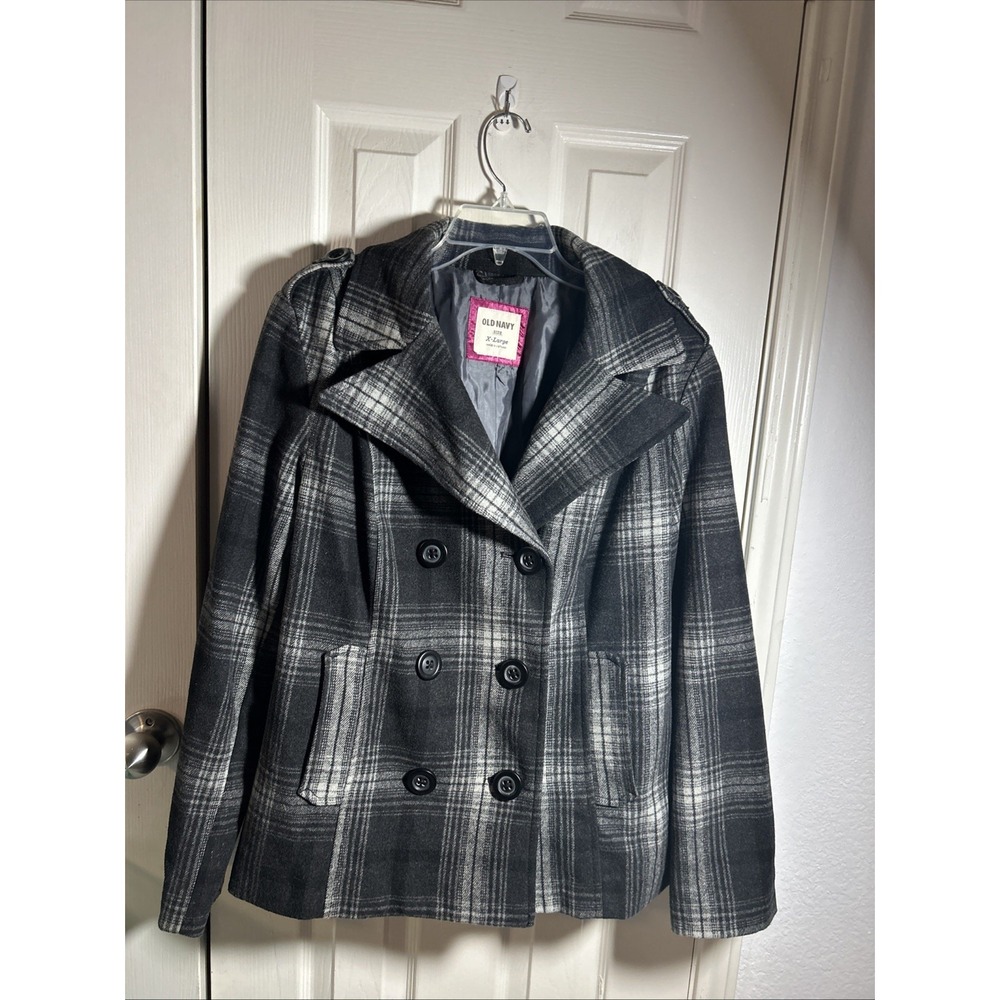 Old Navy Women's XL Gray Plaid Wool Blend Double Breasted Pea Coat, Lined